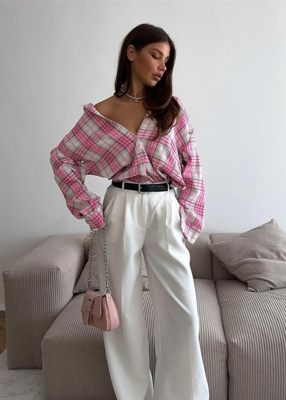 Aubrey - Pink Plaid Snap-Front Oversized Shirt