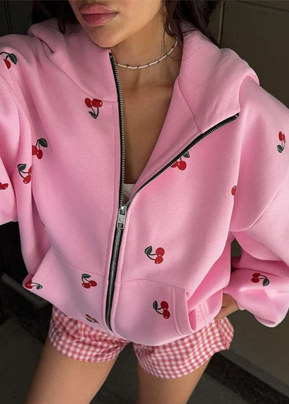 Cherry Mood - Oversized Zip-Up Hoodie with Puff Sleeves