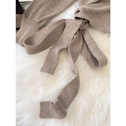 Beige Wrap Knit Sweater with Long Sleeves for Women - Clara