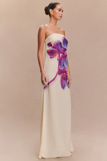 Sexy Color-block Floral Print Strapless Midi Dress