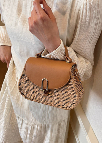 Solene - Curved Rattan Shoulder Bag with Faux Leather Flap