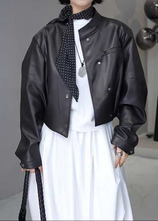 Urban Muse - Cropped Faux Leather Snap Jacket