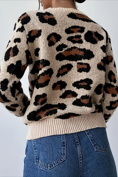 Crew Neck Leopard Pattern Knit Sweater