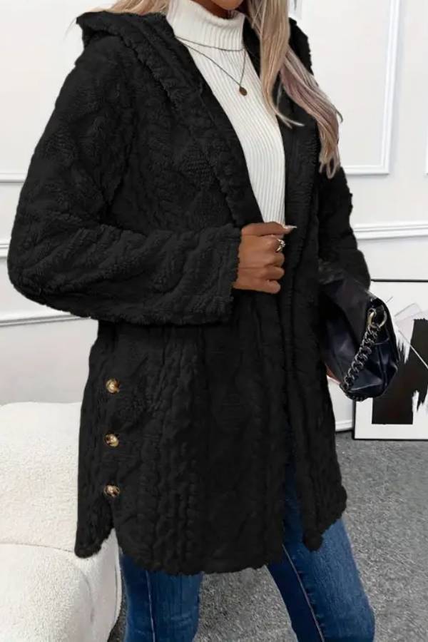 Abrigo de felpa con capucha y botones en la parte delantera con estampado texturizado de rombos