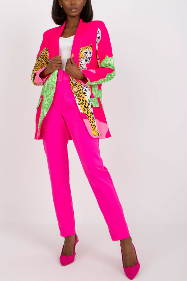 Leopard Print Contrast Slim Fit Long Blazer