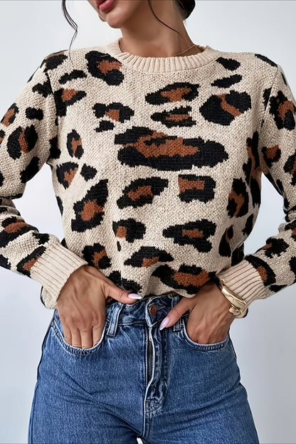 Crew Neck Leopard Pattern Knit Sweater