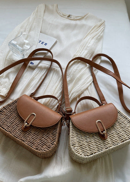 Solene - Curved Rattan Shoulder Bag with Faux Leather Flap