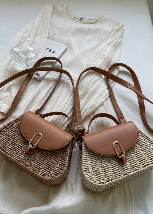 Solene - Curved Rattan Shoulder Bag with Faux Leather Flap