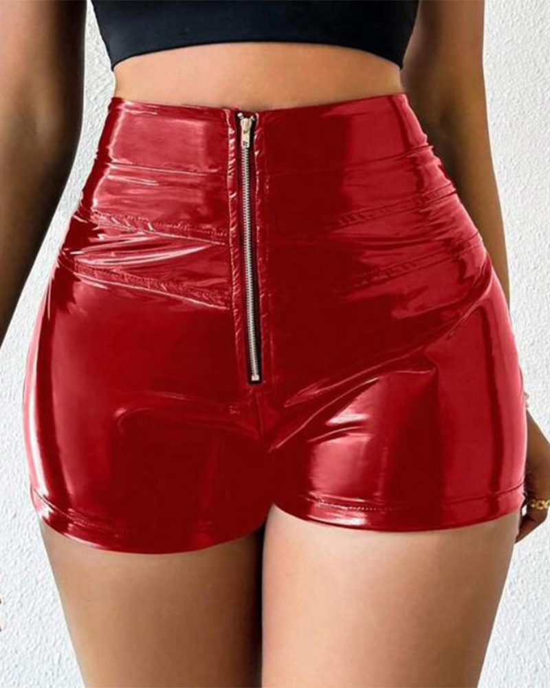 PU High-Waisted Elastic Splicing Shorts