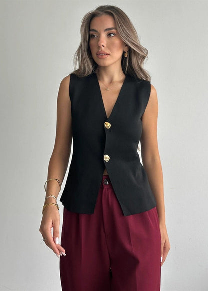 Sculpted Elegance - Sleeveless Asymmetrical Button Vest