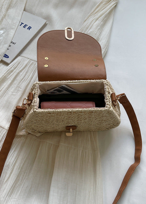 Solene - Curved Rattan Shoulder Bag with Faux Leather Flap