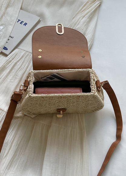 Solene - Curved Rattan Shoulder Bag with Faux Leather Flap