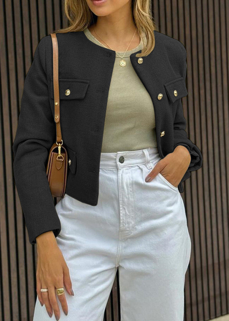 TailoRed Tweed Cropped Jacket – Classic Elegance with Gold Button Accents
