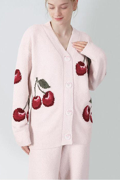 Soft Half Velvet Cherry Cardigan Pajama Set