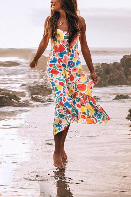 Floral Printed Backless Mid Calf Dress With Pocket