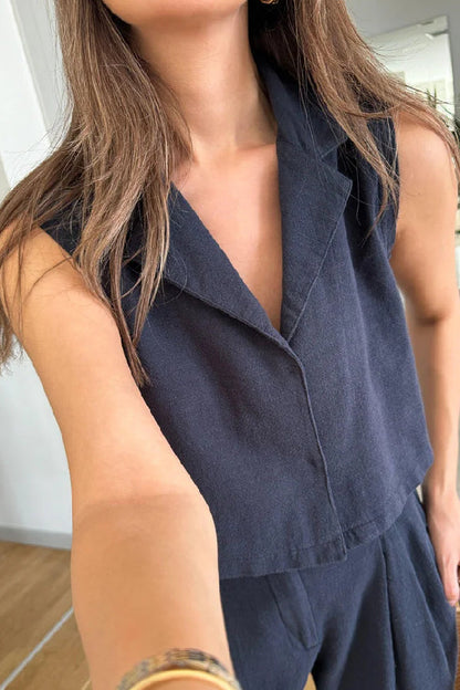 Conjunto informal de dos piezas de chaleco y pantalón de lino y algodón con solapa lisa