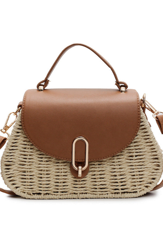 Solene - Curved Rattan Shoulder Bag with Faux Leather Flap