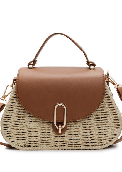 Solene - Curved Rattan Shoulder Bag with Faux Leather Flap