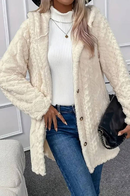 Abrigo de felpa con capucha y botones en la parte delantera con estampado texturizado de rombos