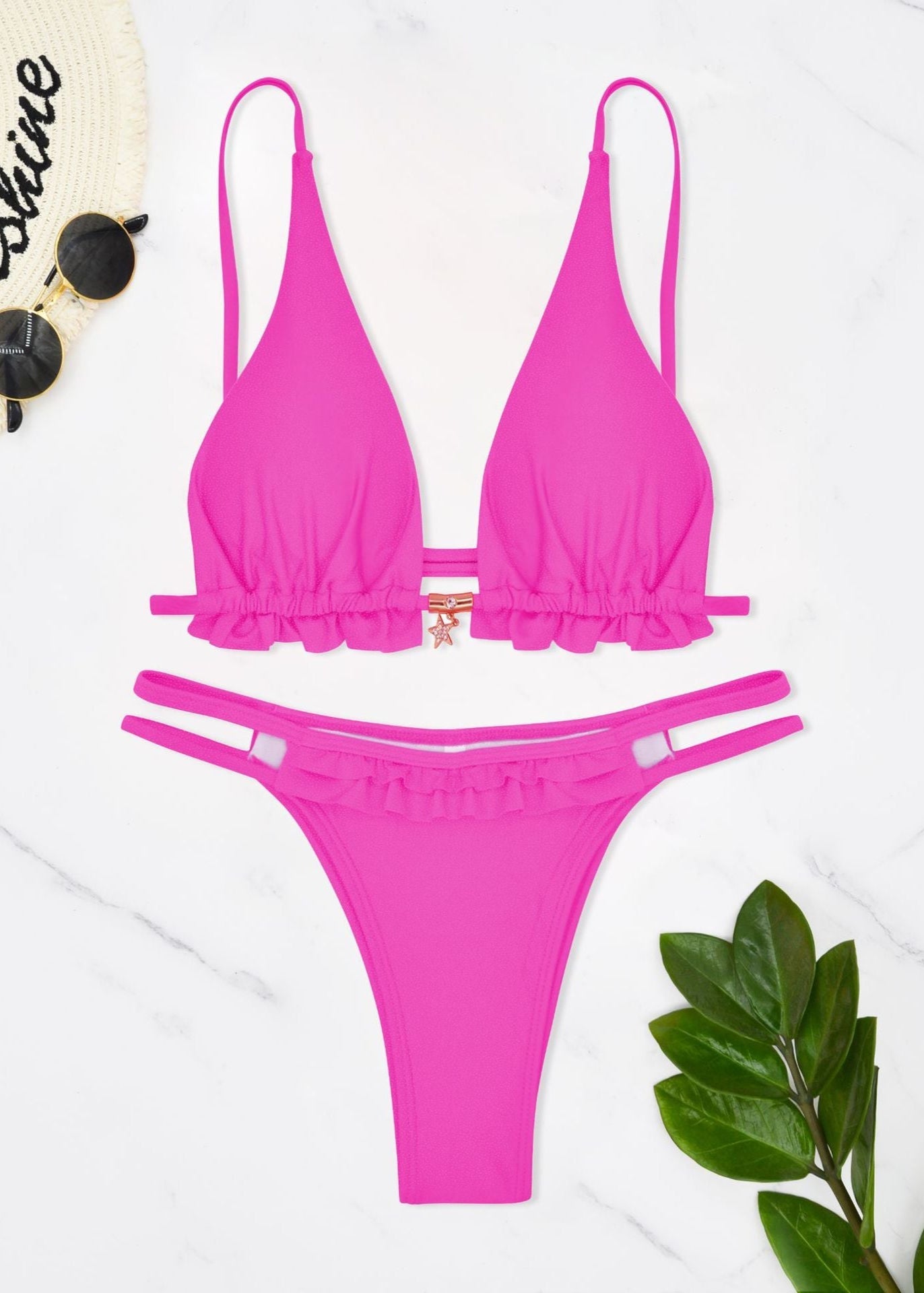 Rosé Glow - One-Piece Swimsuit with Ruffle Trim & Gold Charm