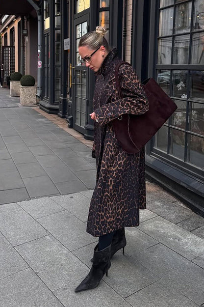 Leopard Print Long Trench Coat
