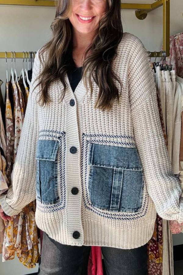 Unique Denim Patchwork Pockets Cardigan