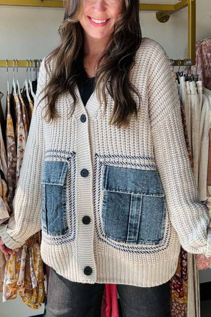 Unique Denim Patchwork Pockets Cardigan