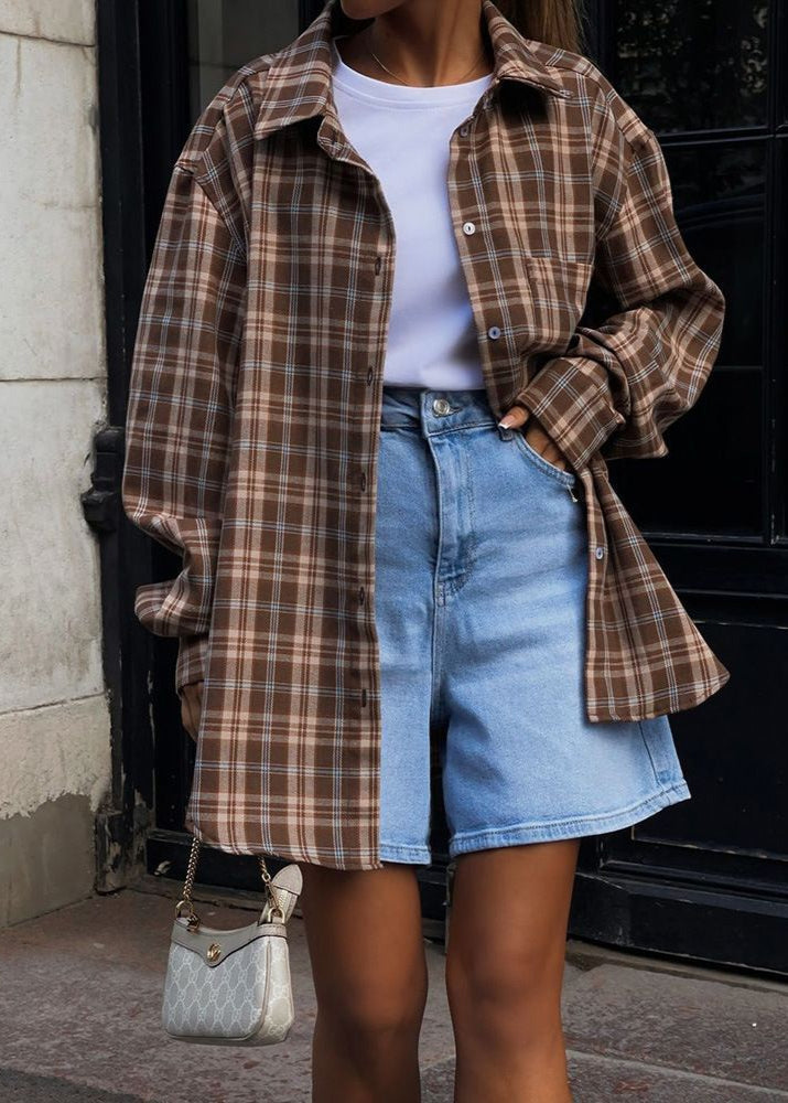 Coffee Check - Oversized Plaid Button-Up Shirt