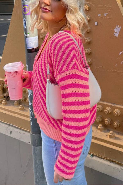 Pink Striped Buttoned V Neck Drop Shoulder Cardigan