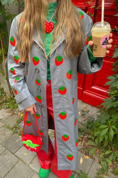 Fashion Fruit Print Long Coat Cherry Trench Coat