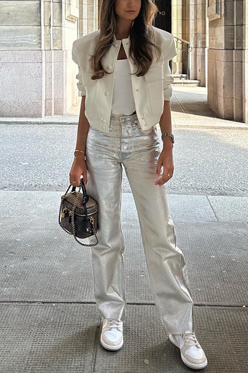 Pantalones rectos de cuero sintético glamurosos