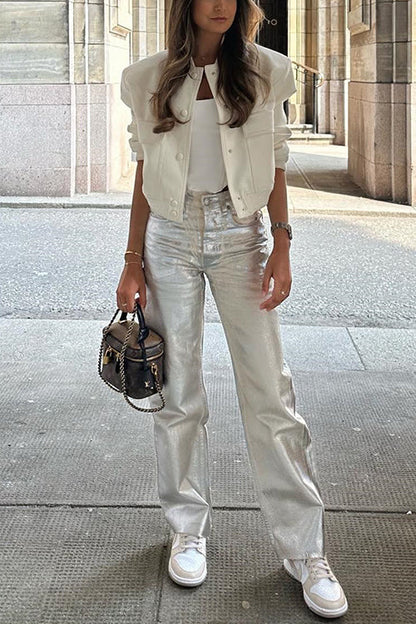 Pantalones rectos de cuero sintético glamurosos