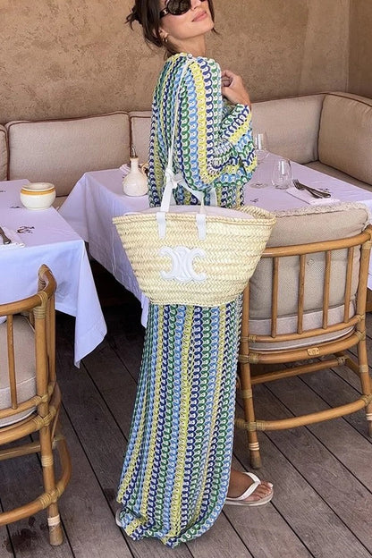 Vestido largo de vacaciones de manga larga con estampado de ondas coloridas de punto Bondi Beach
