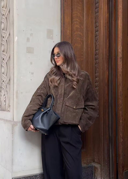 Suede-Effect Oversized Jacket with Front Pockets – Brown