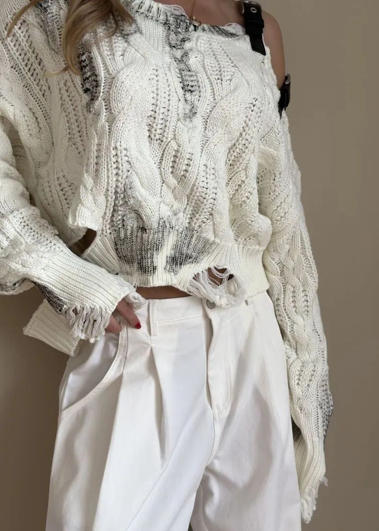 Sloane – Asymmetrical Cable Knit Sweater with Buckle Details