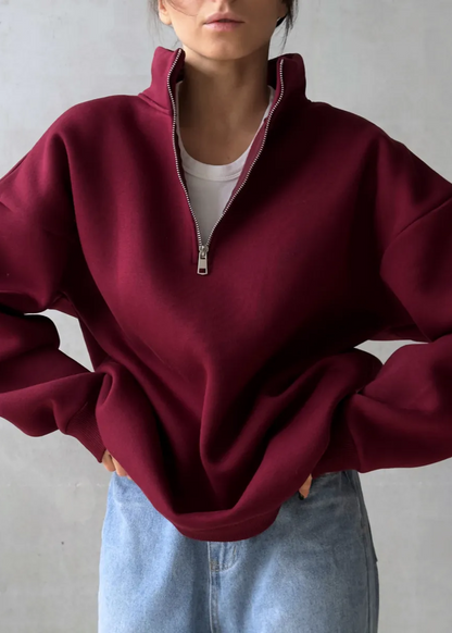 Crimson Chill - Oversized Half-Zip Sweatshirt with High Collar