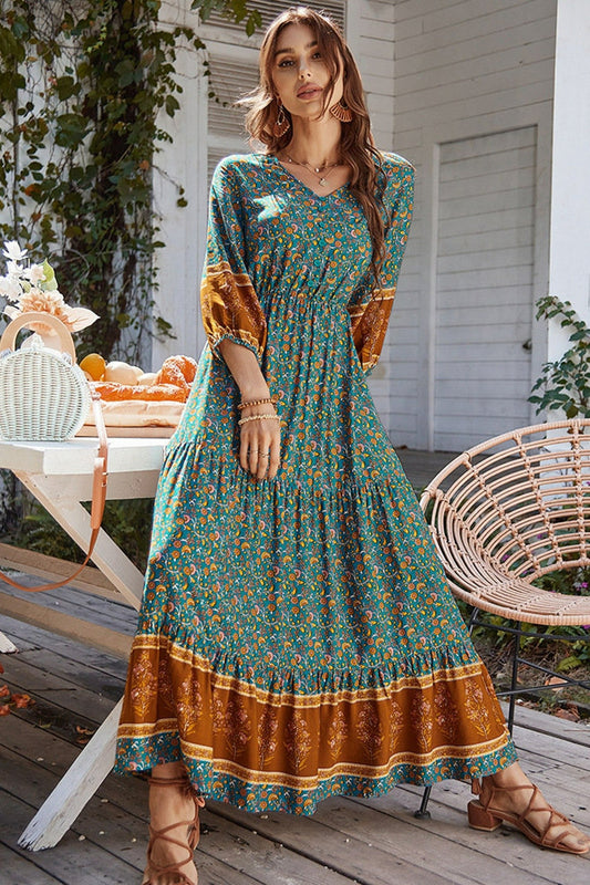 Boho Print Puff Sleeve Loose Maxi Dress