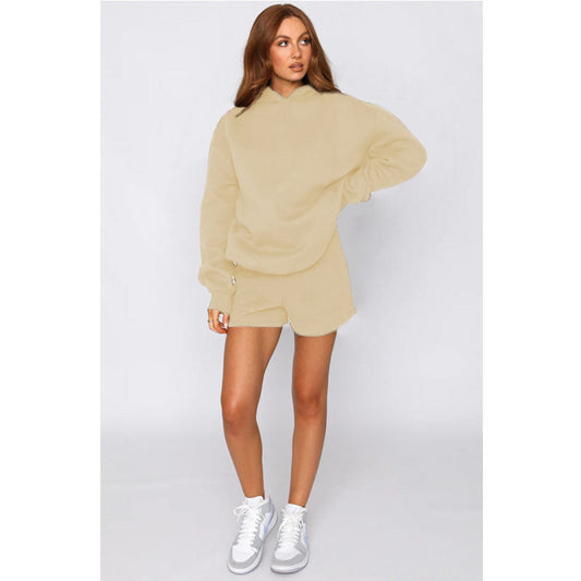 Autumn Winter Solid Color Hooded Pullover Long Sleeve Sweaters Women Clothing Shorts Suit