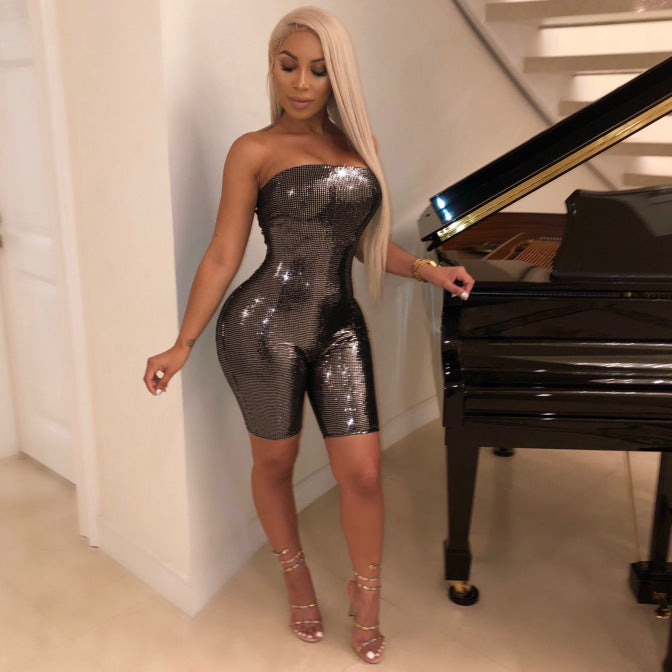 Mono sexy de fiesta con escote tipo bandeau, cremallera, corte entallado, de tela artesanal, sin espalda