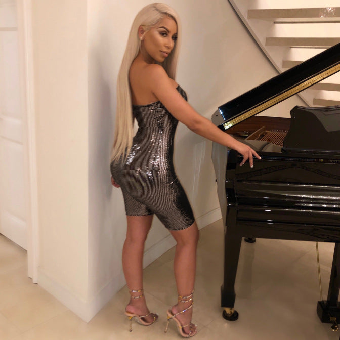 Mono sexy de fiesta con escote tipo bandeau, cremallera, corte entallado, de tela artesanal, sin espalda