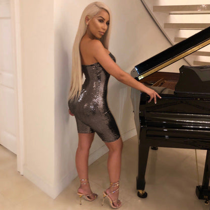 Mono sexy de fiesta con escote tipo bandeau, cremallera, corte entallado, de tela artesanal, sin espalda