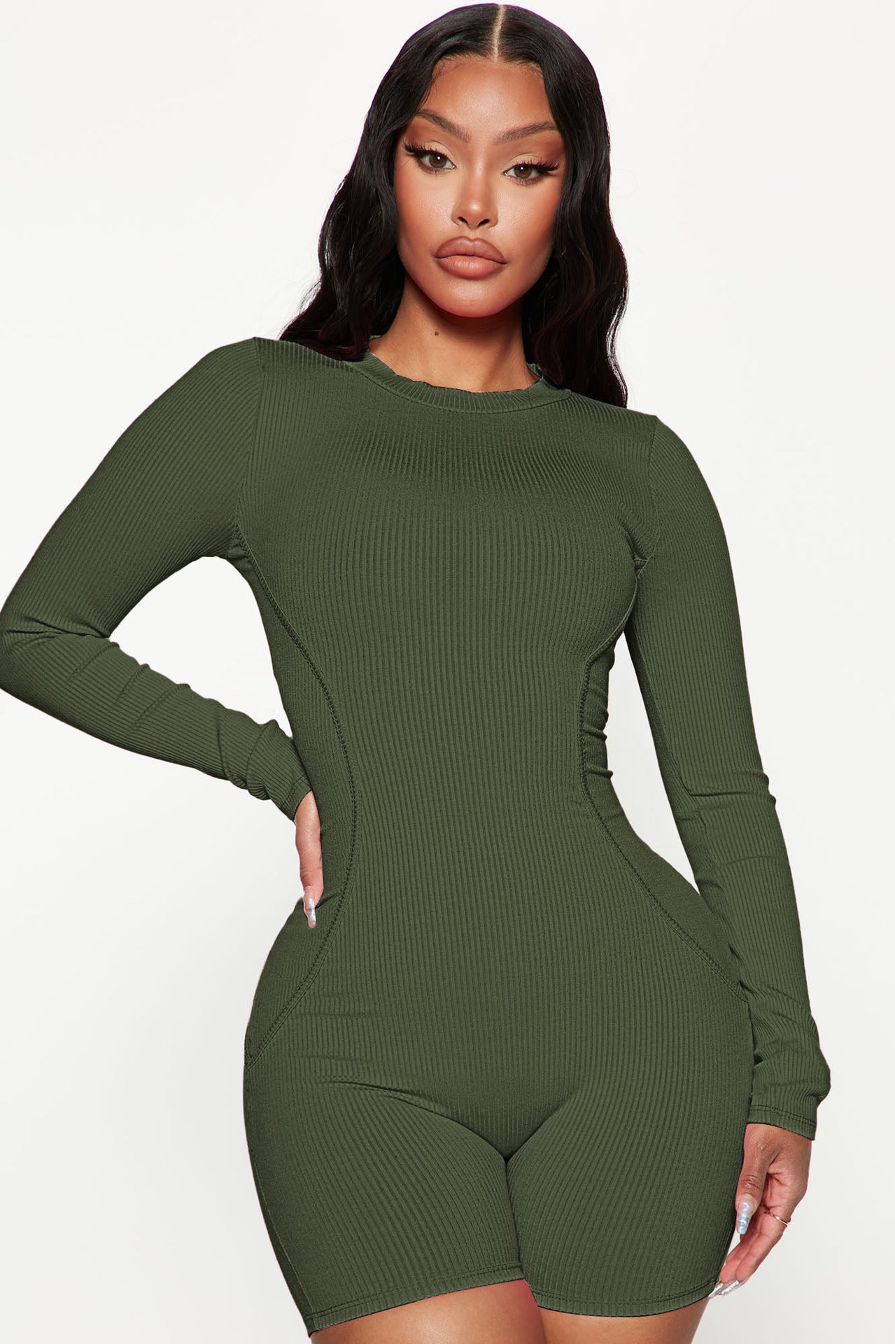 Women Clothing Spring Thread round Neck Stitching Line Casual Sports Romper