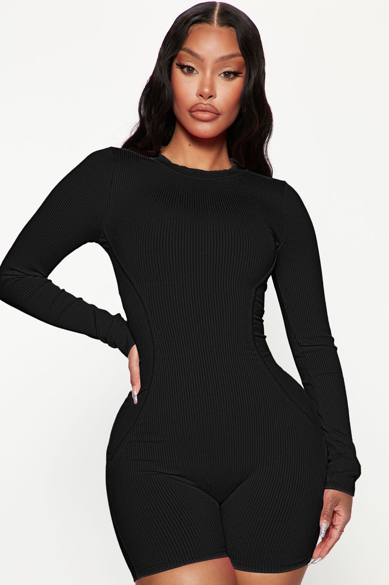 Women Clothing Spring Thread round Neck Stitching Line Casual Sports Romper