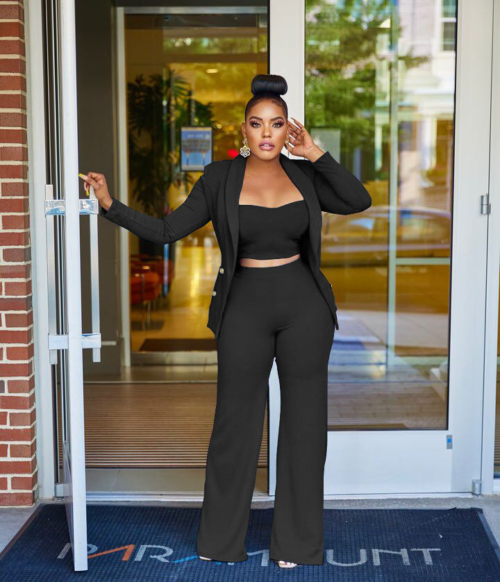 Traje de tres piezas con chaqueta, chaleco y pantalones anchos para otoño e invierno.