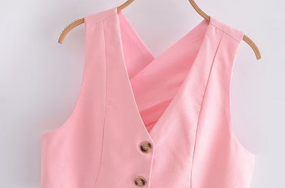 Women Clothing French All Match Decorated Row Button Vest Top Wide Leg Pants Suit Crisscross