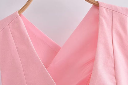 Women Clothing French All Match Decorated Row Button Vest Top Wide Leg Pants Suit Crisscross