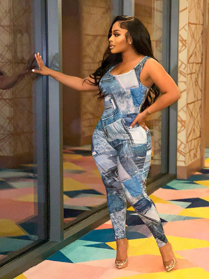 Women Clothing Summer Imitation Denim Printed Sexy Slim Fitting Suspenders Vest Jumpsuit