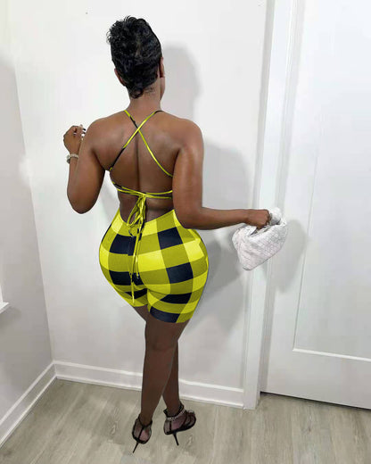 Women Sexy Print Plaid Romper