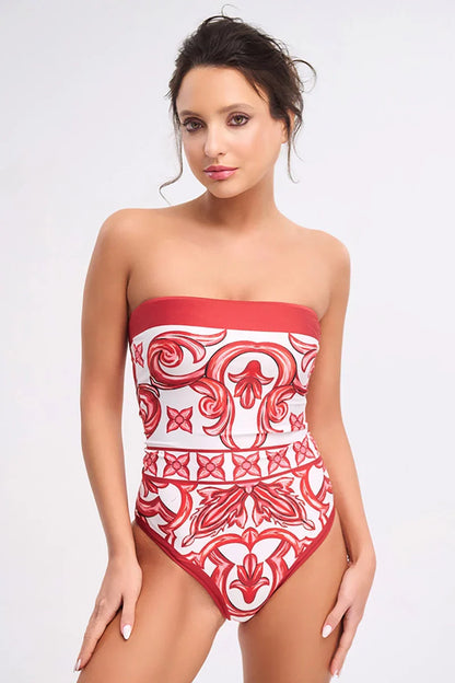 Ethnic Print One-Piece Swimsuit Set