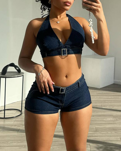 Denim Hip Shorts Suit